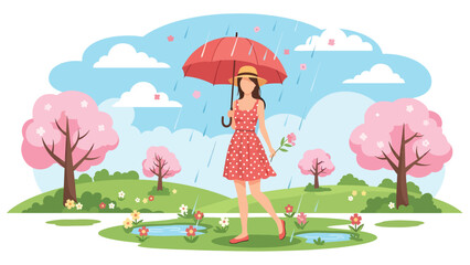 Flat vector illustration of a woman enjoying spring rain with an umbrella, cheerful lifestyle scene with flowers, puddles, and seasonal weather mood