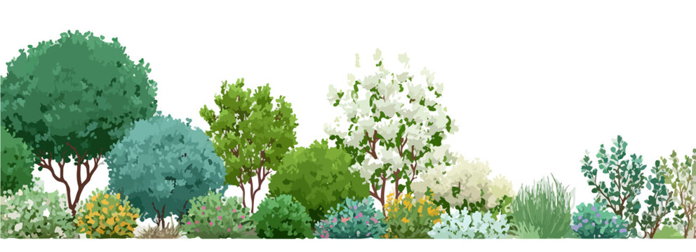 Vektorillustration einer vielf&auml;ltigen Pflanzenreihe mit Str&auml;uchern, B&auml;umen und bl&uuml;henden B&uuml;schen, freigestellt auf transparentem Hintergrund f&uuml;r Gartendesign und Projekte.