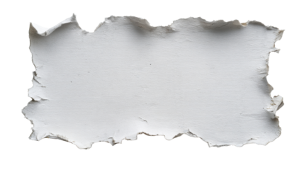 White ripped paper piece with uneven edge, torn grunge texture, blank card for message or background, transparent