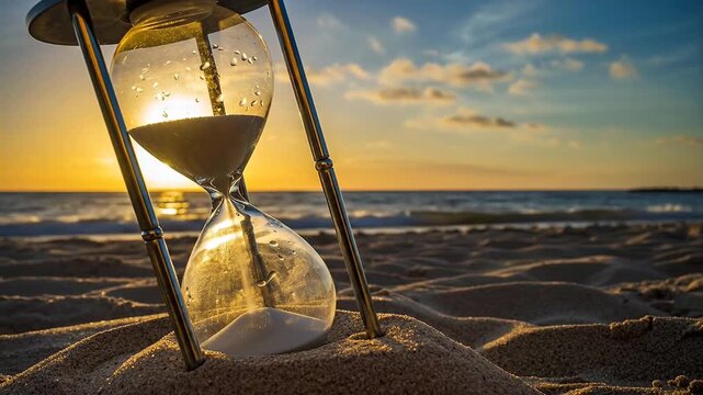 Sunset beach time lapse with hourglass symbolizing passing moments and reflection