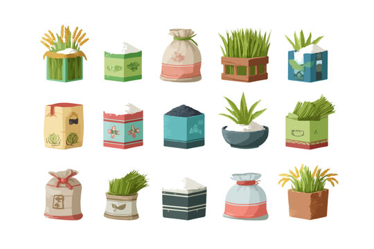 Collection d'illustrations vectorielles de sacs de graines, de pots de plantes et de c&eacute;r&eacute;ales pour l'agriculture et le jardinage sur fond blanc.
