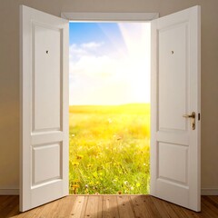 Open white doors reveal bright sunny field and clear blue sky