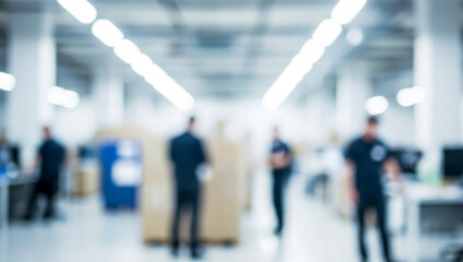 Blurry depiction of a large indoor space filled with workers engaged in tasks. The area features boxes and computers, showcasing a busy, industrial environment.