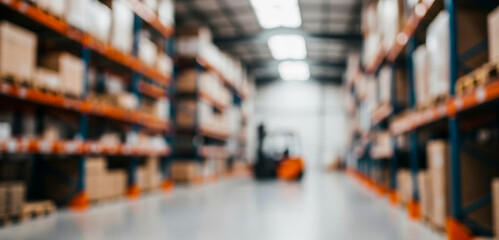 Warehouse interior features towering shelves stacked with packages and goods. A forklift operates in the background, creating an industrious atmosphere of logistics and storage.