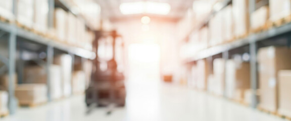 This image captures a blurred view of a warehouse interior showcasing rows of shelves filled with cardboard boxes and a forklift in the background, suggesting storage and distribution.