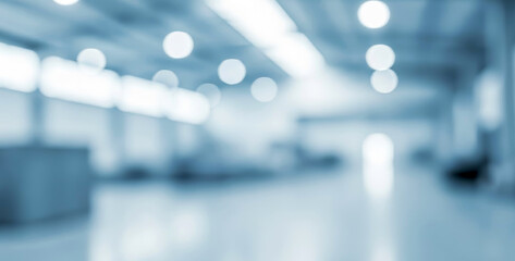 Bright and spacious interior of a modern industrial space, featuring a blurred background with soft focus lights. The ambiance suggests productivity and efficiency.