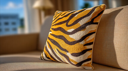 Decorative cushion with tiger stripe pattern on a beige sofa.