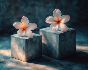 Two delicate plumeria flowers rest atop textured concrete cubes, bathed in soft sunlight