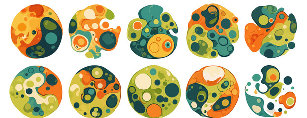 Colección de formas orgánicas abstractas y coloridas con patrones de círculos, ideales para fondos transparentes y diseños modernos.