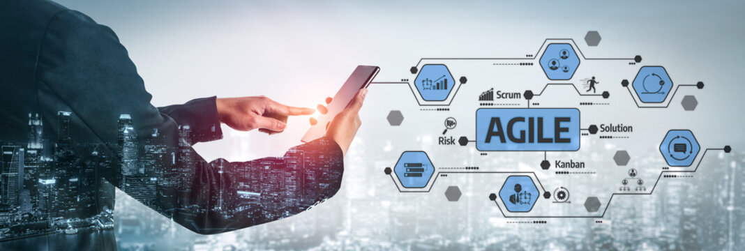 A business professional interacts with a digital tablet, showcasing agile methodologies against a city skyline at dusk, blending modern technology with effective project management. Tessel - Powered by Adobe