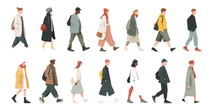 Ilustraci&oacute;n vectorial de un grupo diverso de personas caminando con ropa moderna y estilo plano sobre fondo transparente, ideal para dise&ntilde;o gr&aacute;fico.