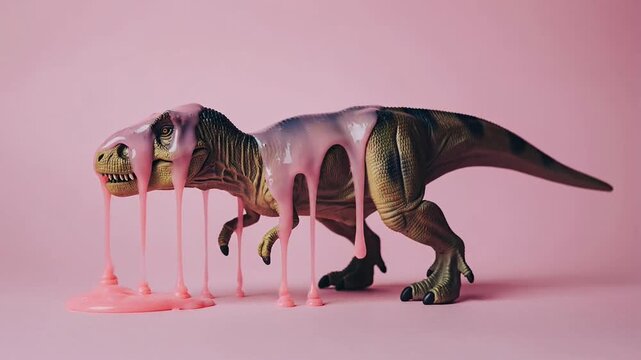 Toy dinosaur melting with pink dripping liquid on pastel background in slow motion