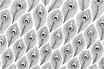A monochrome vector pattern of peacock feathers, drawn in black and white with fine details and balanced repetition, expressing elegance, texture, and timeless ornamental beauty.