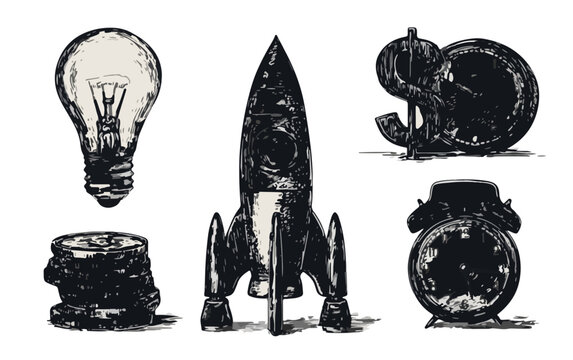 Colecci&oacute;n de iconos de negocio dibujados a mano: bombilla, cohete, dinero, monedas y reloj, sobre fondo transparente.