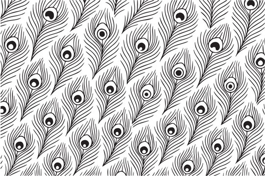 A monochrome vector pattern of peacock feathers, drawn in black and white with fine details and balanced repetition, expressing elegance, texture, and timeless ornamental beauty.