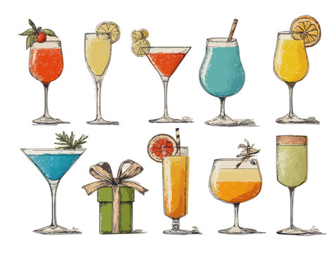 Exquisita colecci&oacute;n de c&oacute;cteles coloridos y una caja de regalo, ilustrados a mano con estilo acuarela sobre fondo transparente para celebraciones y eventos.