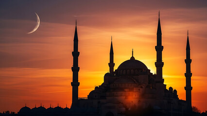 Silhouette of a grand mosque with minarets against a vibrant sunset sky