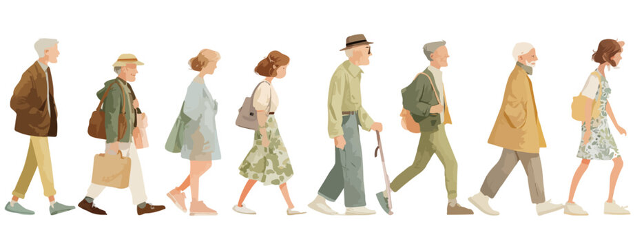 Illustrazione vettoriale di un gruppo eterogeneo di persone di ogni et&agrave; che camminano, ideale per sfondi trasparenti.