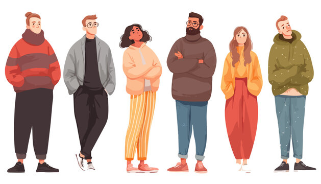 Gruppo diversificato di sei giovani in abbigliamento casual e confortevole, illustrato su sfondo trasparente, ideale per progetti di design moderno.