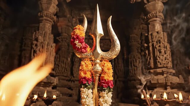 Skanda Sashti background with spear (Vel) symbol and dramatic temple lighting for Hindu worship