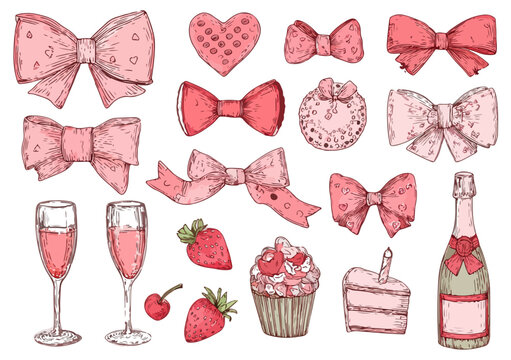 Colecci&oacute;n de ilustraciones vectoriales dibujadas a mano con lazos rosas, copas de champ&aacute;n, postres y frutas, perfectas para San Valent&iacute;n o celebraciones especiales.