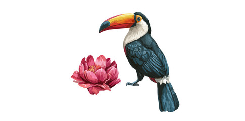 Fototapeta premium Ilustración digital de un tucán vibrante con un pico naranja y una hermosa flor rosa, ideal para diseños tropicales y fondos transparentes.