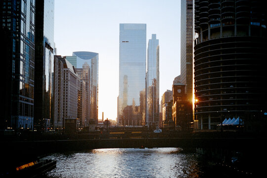 Chicago River At Sunset