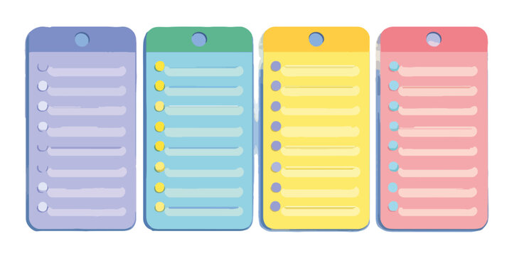 Ilustraci&oacute;n vectorial de cuatro blocs de notas adhesivas coloridas con listas y espacio para texto, perfectas para organizar ideas y tareas con fondo transparente.