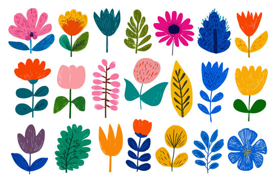 Set di illustrazioni vettoriali di fiori e foglie stilizzati e colorati, ideali per design decorativi su sfondo trasparente.