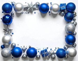 Ornate frame of blue and silver baubles and stars on white