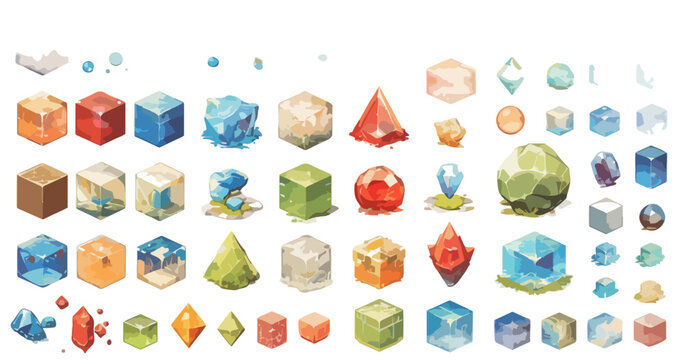 Colecci&oacute;n de gemas y cristales transparentes de acuarela en diversas formas geom&eacute;tricas, perfectos para elementos de dise&ntilde;o gr&aacute;fico y juegos.