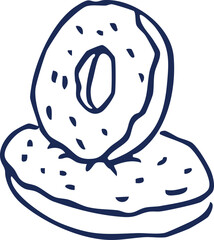 A charming, simple hand-drawn illustration depicting two delicious donuts, one playfully stacked on the other, perfect for a cozy breakfast or a sweet treat for any occasion