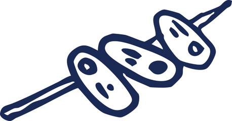 Expressive hand-drawn doodle of three food items on a skewer, illustrating a quick snack or appetizer with a playful artistic touch, perfect for various design projects