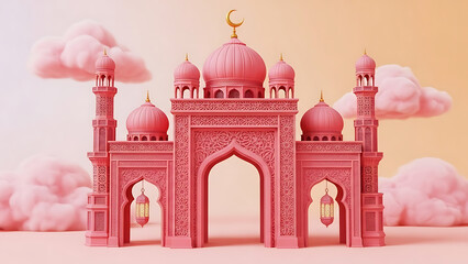 A whimsical pink mosque with detailed architecture and fluffy cloud backdrop