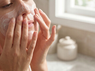 Woman applying facial cream during morning skincare routine, close-up