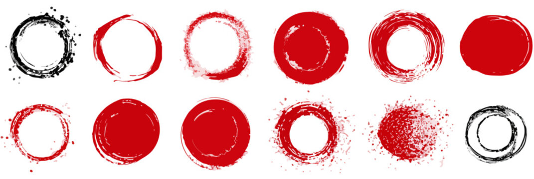 Set di cerchi grunge rossi e neri con pennellate e texture, elementi di design astratti per sfondi trasparenti.