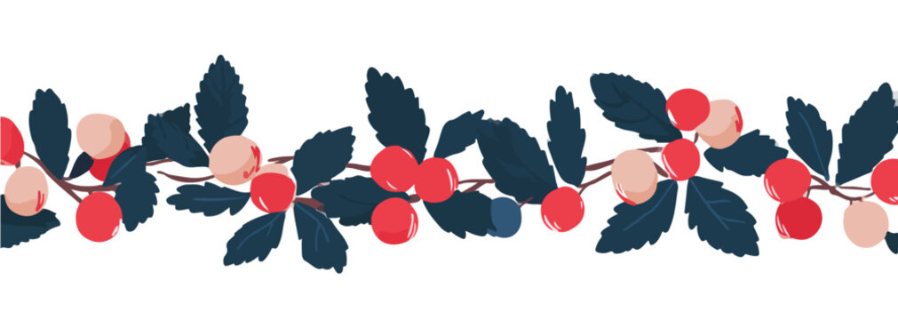 Bordo decorativo natalizio trasparente con bacche rosse e foglie verdi, ideale per design festivi e auguri invernali.