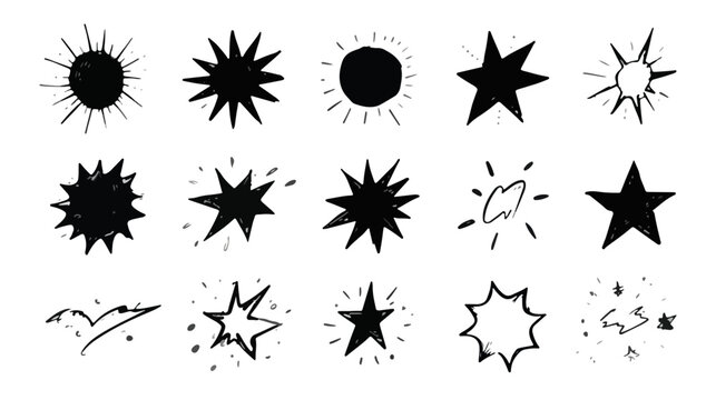 Collezione di stelle e soli stilizzati disegnati a mano, elementi grafici vettoriali neri con effetto schizzo, perfetti per design trasparente.