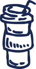 Playful hand-drawn sketch of a takeaway coffee cup with a lid and straw, perfect for illustrating casual beverage concepts, refreshment breaks, and quick-serve designs