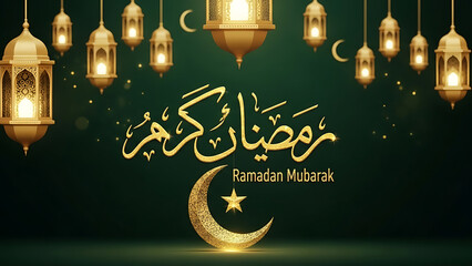 Golden lanterns and crescent moon celebrate the blessed month of ramadan