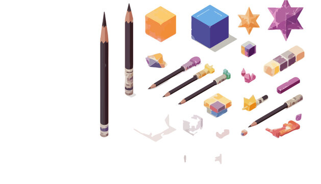 Illustrazione isometrica di cancelleria trasparente e opaca, con matite, gomme, cubi e stelle, perfetta per progetti di design e apprendimento.