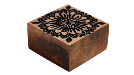 Wooden block printing stamp with intricate mandala pattern, hand carved for crafts and textile decoration