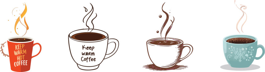 Coffee cup set. Keep warm hot coffee. Vector drawning on a white isolated background. Autumn and winter holidays.