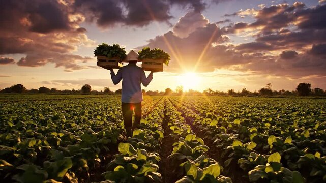 The Farmer's Journey: A hardworking farmer walks through a vibrant field at sunrise, carrying baskets filled with produce. The golden light of dawn paints a picturesque scene of labor and growth.