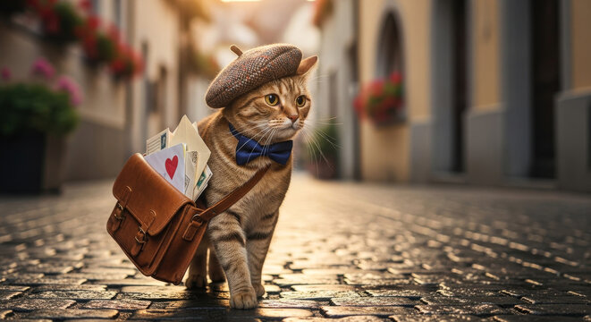 A Cat's Journey in a Charming European Town: A dapper cat, adorned with a hat and bow tie, embarks on a delightful adventure, traversing a cobblestone street in a picturesque European town.