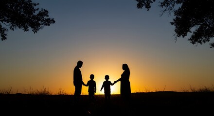 Silhouette of a family standing together against a vibrant sunset sky in a natural landscape.