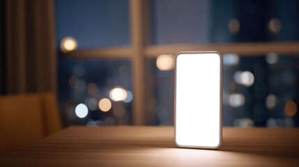 Smartphone with blank white screen standing on wooden surface against beautiful night city lights background