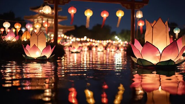 Vesak lantern festival background with lantern reflections shimmering softly for Buddhist celebration