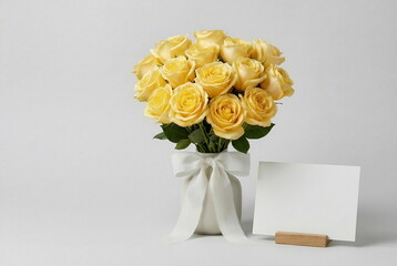 Yellow roses bouquet in a vase and greeting card blank mockup on white background. Wedding, holiday, valentine's day, birthday, mother's day gift present.Copy space . Beautiful still life composition