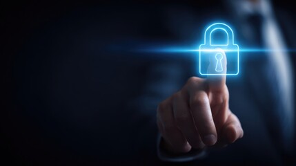 Businessperson touching blue holographic padlock icon representing futuristic security, advanced protection, modern authentication in tech environment